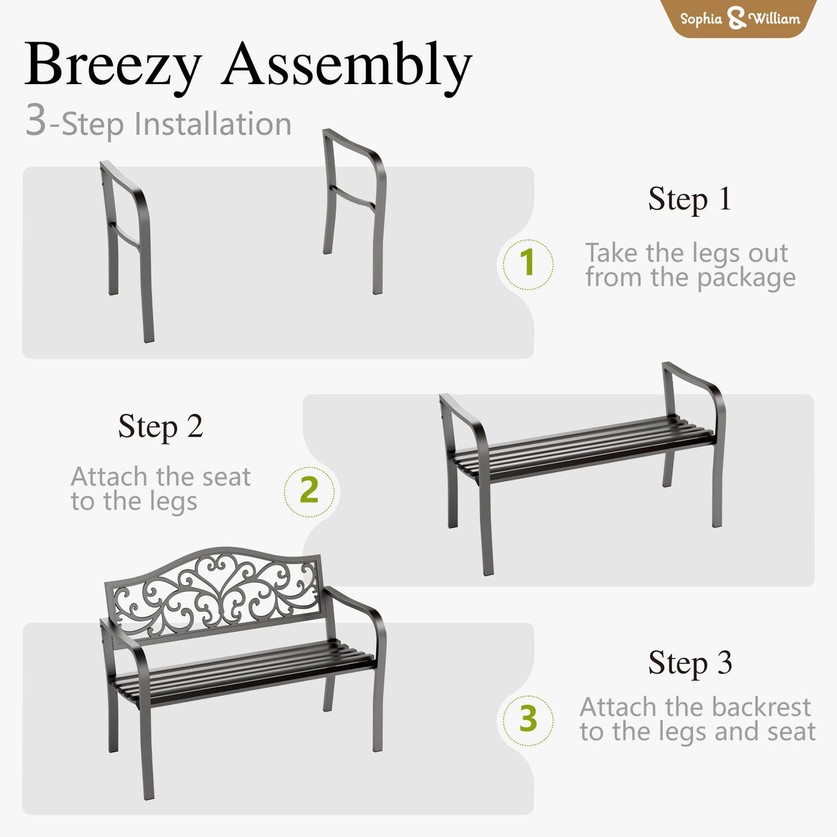 Sophia & William Outdoor Bench, Metal Garden Bench, Cast Iron Park Benches for Outside with Floral Design Backrest, Black Sophia & William