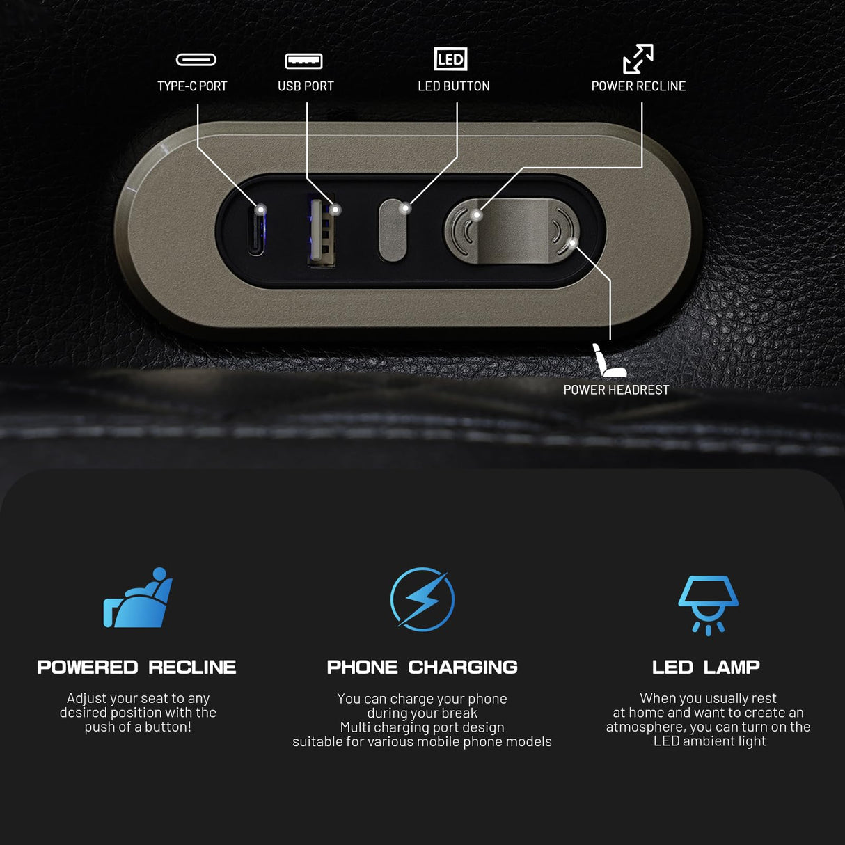 3+2+1 PU Leather Power Sectional Sofa Set, Living Room Furniture, Reclining Couch, Loveseat, Chair with LED Light/USB Ports/Storage Armrests/Center Console/Cup Holders/Wireless Chargers/Coffee Table NicBex