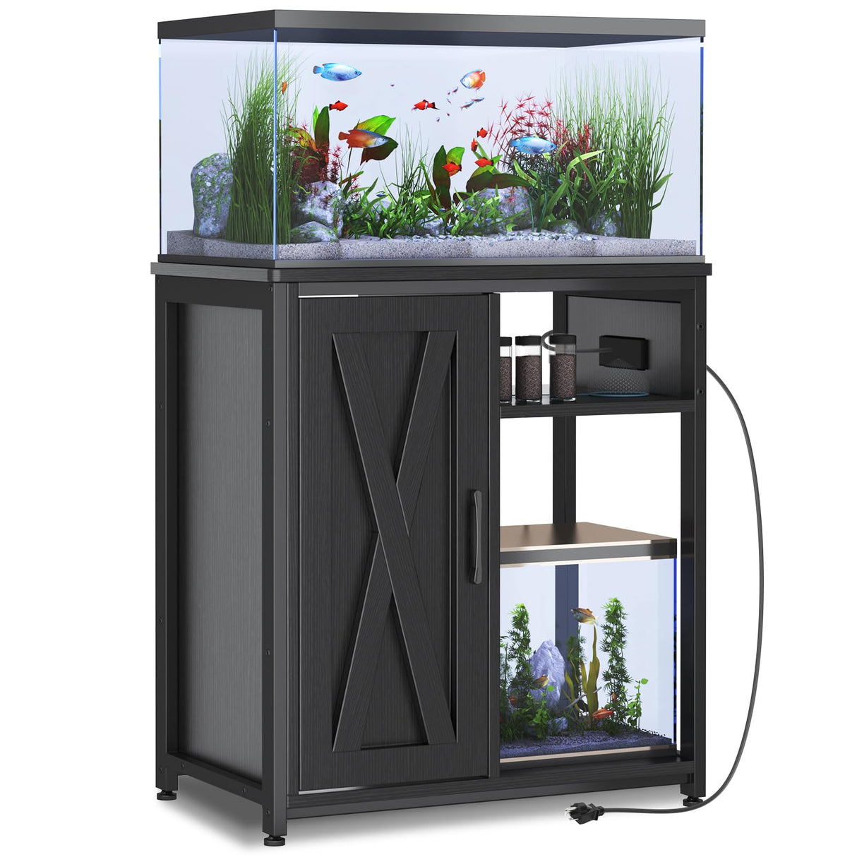ZERDER Aquarium Stand with USB and AC Power Strip, Cabinet for Fish Tank Accessories Storage, Heavy Duty Metal Fish Tank Stand for Turtle Tank (Black, 20-29 Gallons) ZERDER