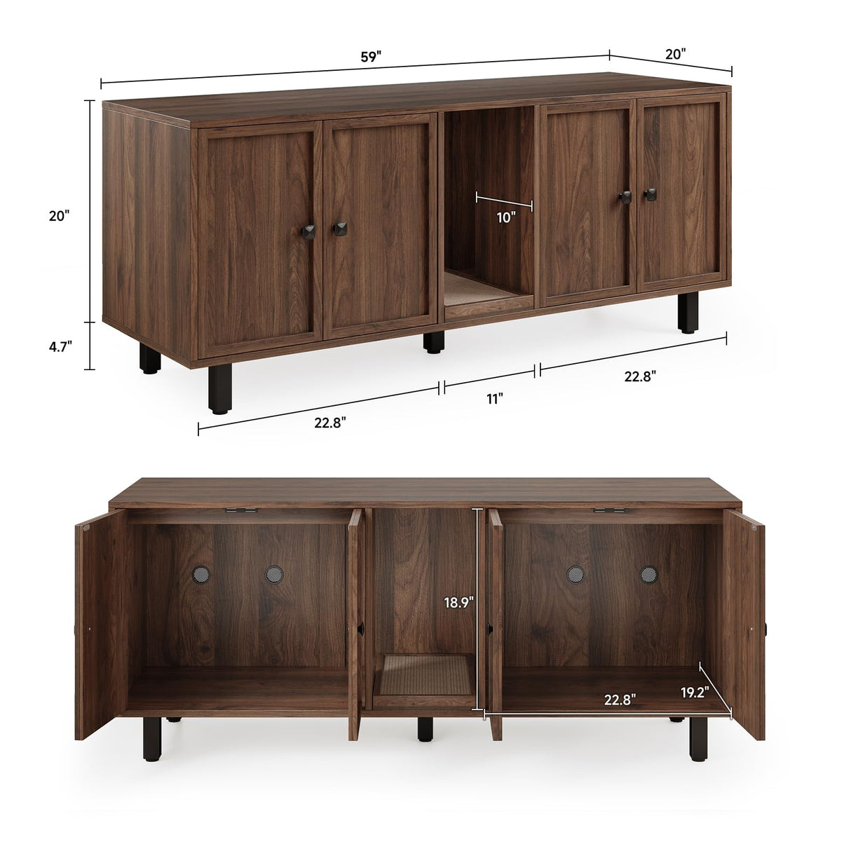 59 Inches Cat Litter Box Enclosure for 2 Cats, Hidden Litter Boxes Furniture with Cat Scratch Pad, Large Indoor Pet House with Double Room, Wooden TV Stand Side Table, Walnut ONBRILL