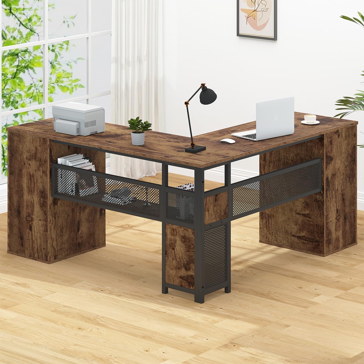 HSH L Shaped Computer Desk with File Drawers, Large Metal Wood L Shape Table with Storage Cabinet Shelves, Reversible Corner Home Office Executive Writing Study Workstation Desk, Rustic Brown, 59 Inch HSH