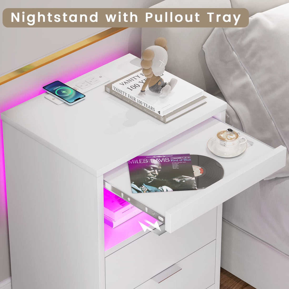 ADORNEVE LED Nightstands Set of 2, Night stand with Wireless Charging Station and LED Lights, White Nightstand with Pull-Out Shelf & Drawers, Modern Bedside Table End Side Table for Bedrooms ADORNEVE