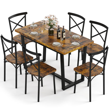 Zevemomo 7-Piece Dining Table with Chairs Set, Rectangular Metal Frame Table with 6 Chairs, Modern Table Furniture Set for Kitchen, Dining Room and Living Room, Brown Zevemomo