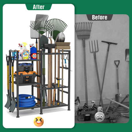 keomaisyto Garden Tool Organizer for Garage Organization, 3 Tier Yard Tool Storage Rack with 35 Long-Handled Tool Slots, Heavy Duty Garden Tool Holder with Large Hooks for Shed, Yard, Garage keomaisyto