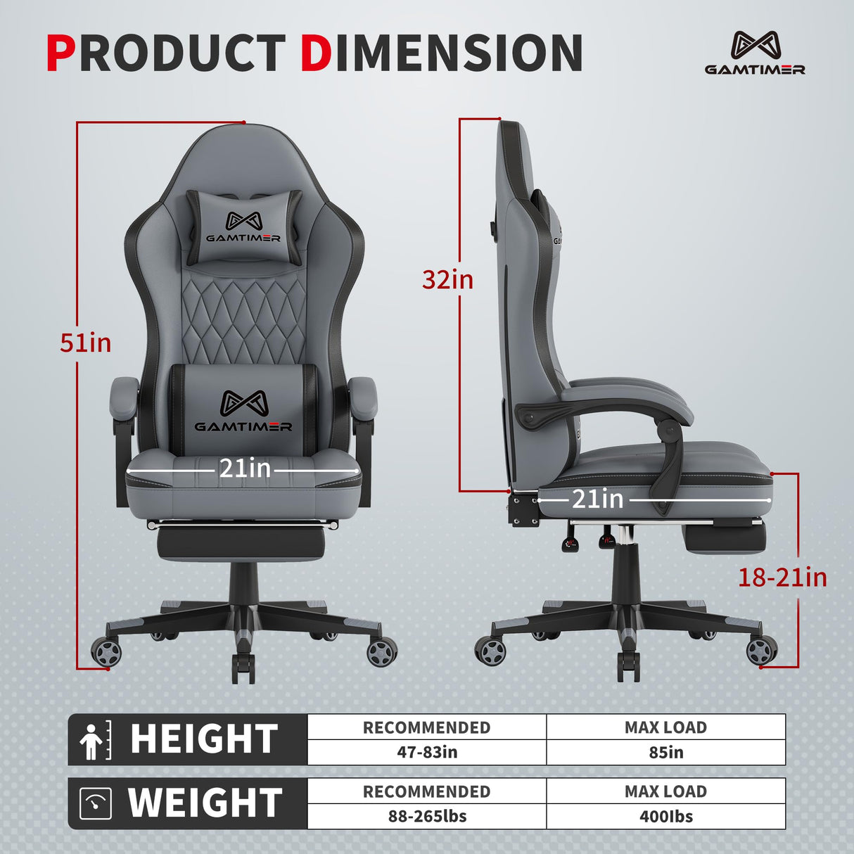Gaming Chair with Footrest, Ergonomic Computer Chair, PU Breathable Material with Headrest and Lumbar Support, Suitable for Silla Gamer and Adults (Grey) Gamtimer
