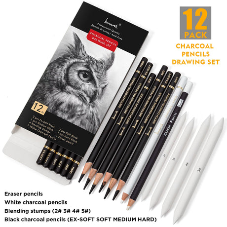 Brusarth Charcoal Drawing Set -12 pc Black charcoal pencils, White Charcoal Pencils, Eraser Pencils, Blending Stumps for Drawing, Sketching, Shading, Artist Pencils for Beginners & Artists Brusarth