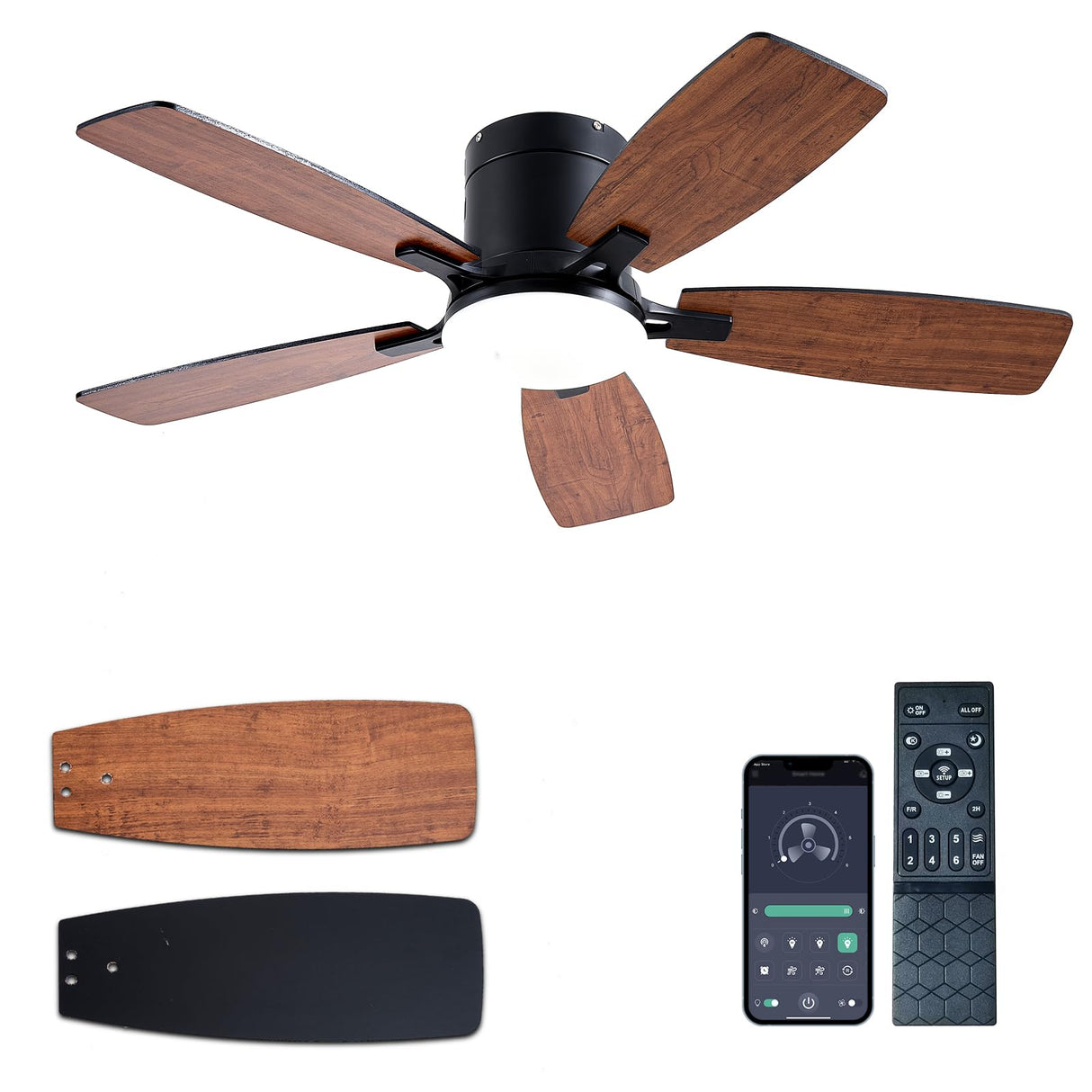 Ayaoty Ceiling Fans with Lights, 42 inch Low Profile Ceiling Fan with Light and Remote Control, Flush Mount, LED Dimmable DC Reversible Modern Ceiling Fan for Bedroom Ayaoty