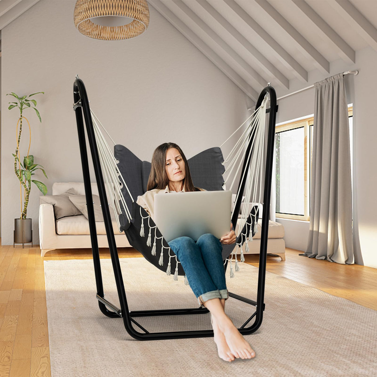 Unique U-Shaped Hammock Chair with Stand,Sturdy & Rust-Resistant,Free Gray Cotton Hammock Chair TOREVSIOR