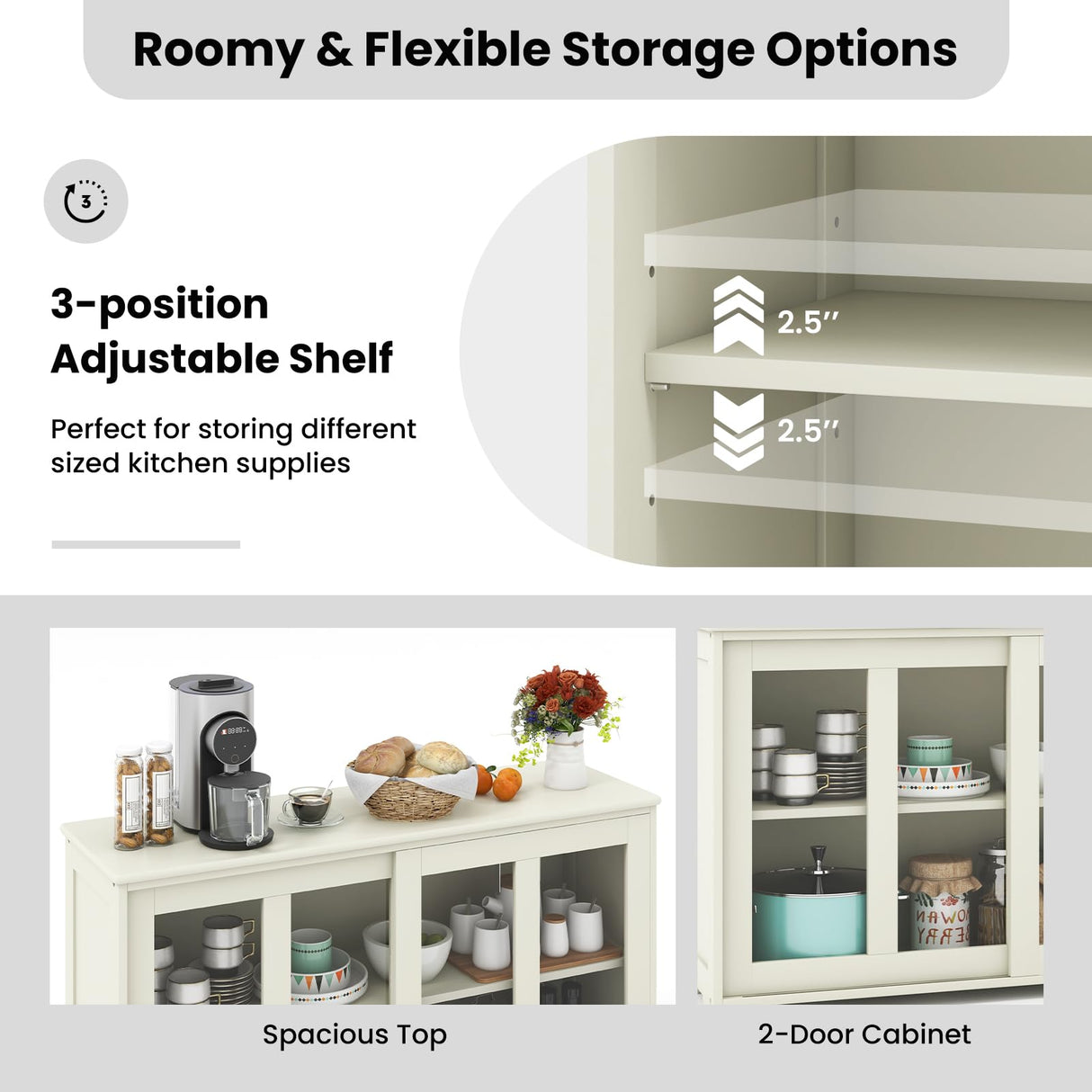 COSTWAY Buffet Sideboard with Storage, 2-Door Floor Cupboard with Sliding Tempered Glass Cabinet & Adjustable Shelf, Stackable Storage Cabinet for Kitchen, Entryway (White) COSTWAY