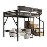 Aurnienofus Queen Size Loft Bed with Stairs and Storage, Metal Loft Bed Frame with Bedside Shelf and Large Under-Bed Space, Heavy-Duty Beds for Adults Teens and Kids, Black Aurnienofus
