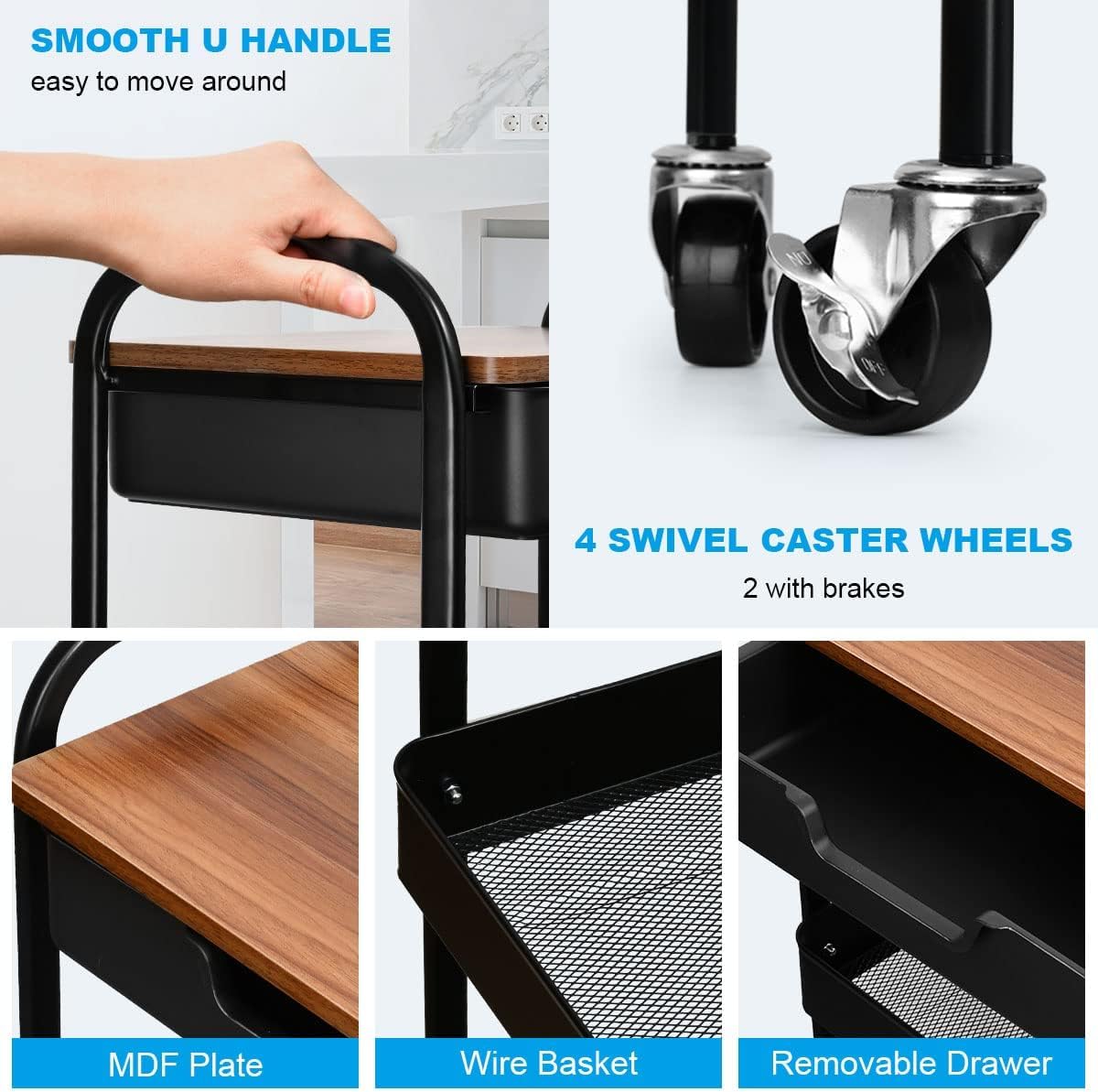 Aratan 3 Tier Rolling Cart with Drawer, Metal Utility Cart on Wheels Storage Cart with Wood Top, Kitchen Cart Art Cart Organizer for Bathroom Office Balcony Living Room Aratan