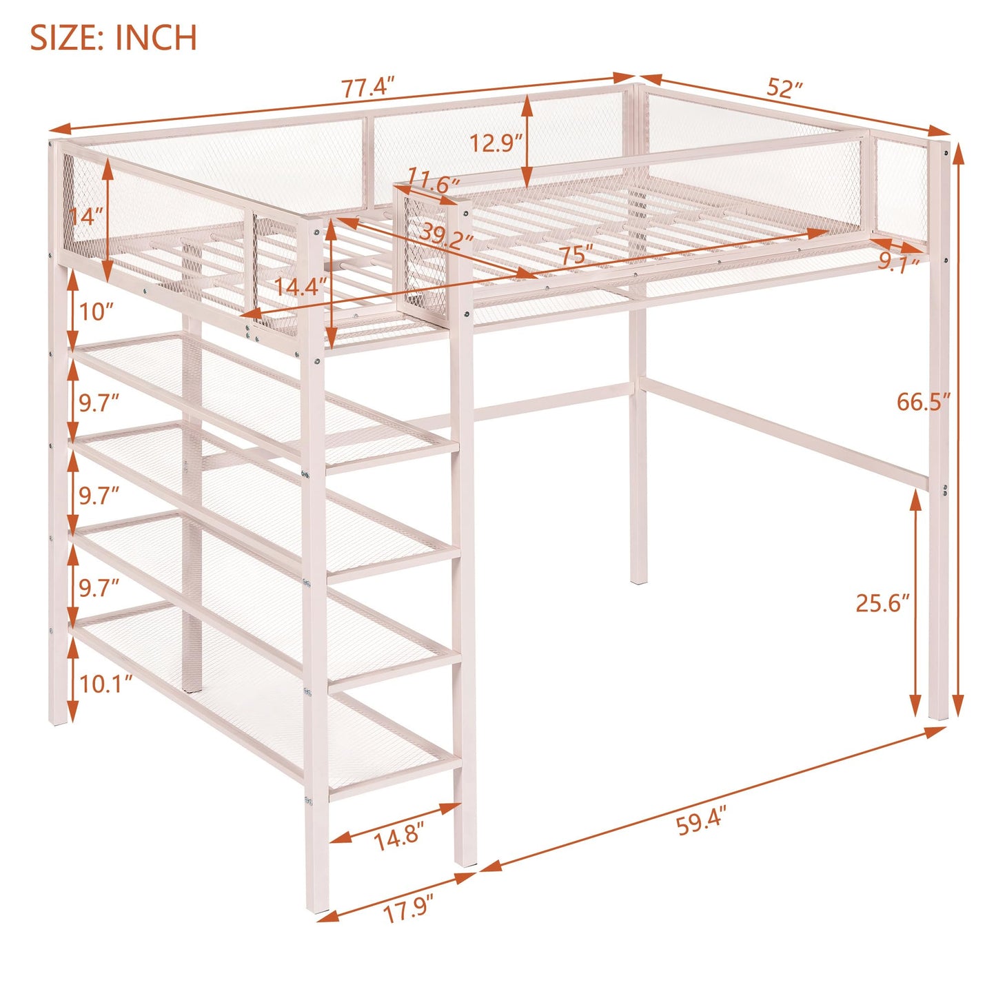 YOPTO Tiwn Size Metal Loft Bed with 4-Tier Shelves and Storage,Heavy Duty Metal Loft Bed Frame w/Bookshelf,No Box Spring Needed,for Kids Teens Adults,Pink