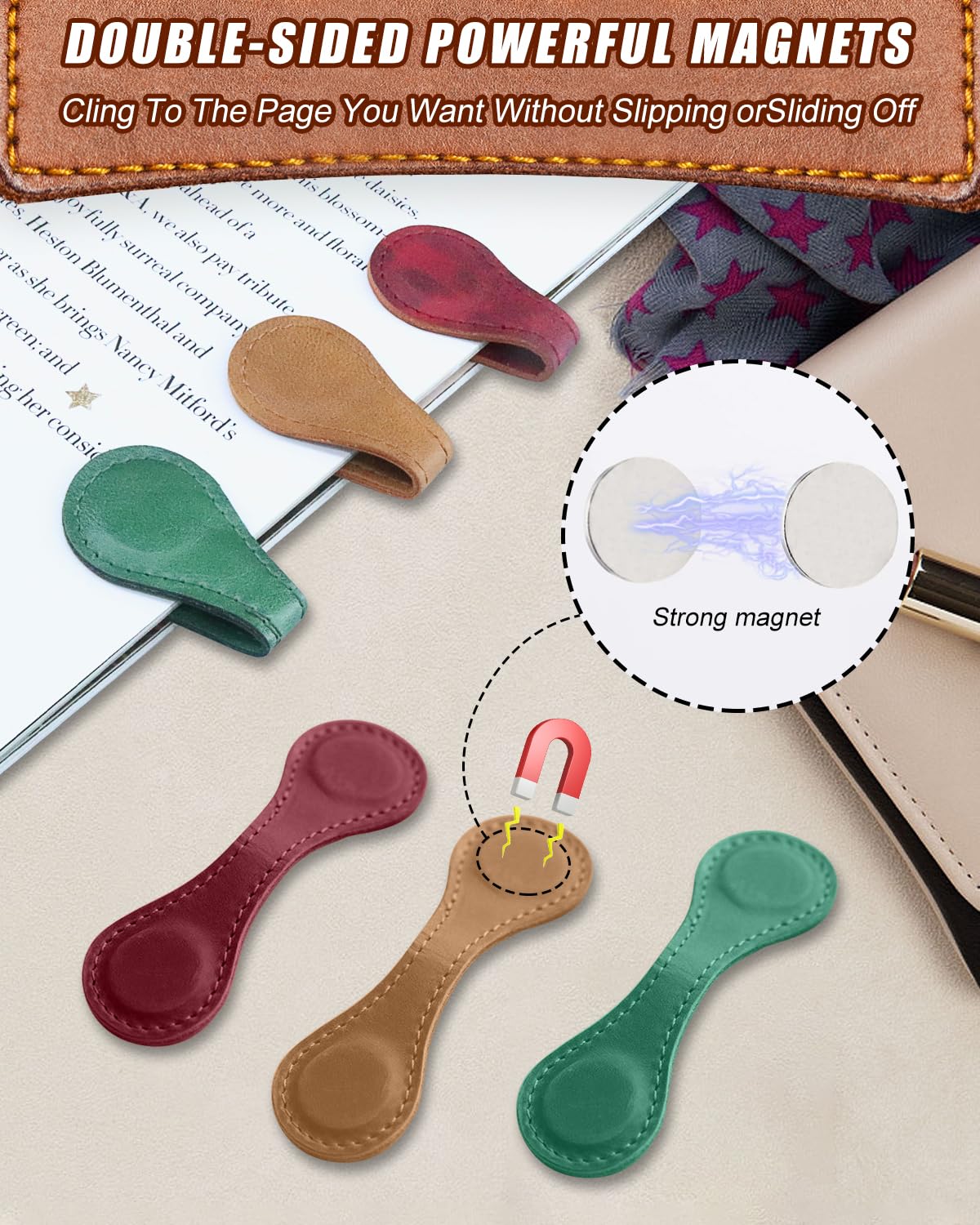 6 Pcs Magnetic Bookmarks, Personalized Bookmarks, Vintage Faux Leather Book Mark, Double-Sided Magnetic Bookmarks (Red+Green+Brown+Black+Blue+Coffee) flewfun