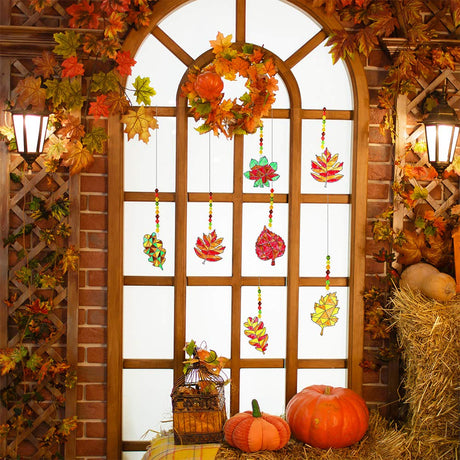 Winlyn 24 Sets Fall Leaf Suncatchers Ornaments Decorations DIY Window Paint Art Suncatchers Craft Kits Autumn Maple Leaf Sun Catchers for Kids Classroom Thanksgiving Harvest Party Art Project Winlyn