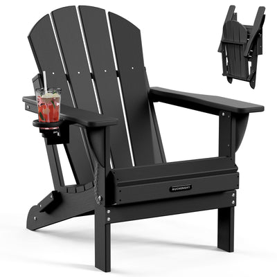 MUCHENGHY Folding Adirondack Chairs, Patio Chairs, Fire Pit Chairs, Outdoor Chairs, Plastic Adirondack Chairs, Lawn Chairs Weather Resistant with Cup Holder for Deck, Backyard, Garden(Black)