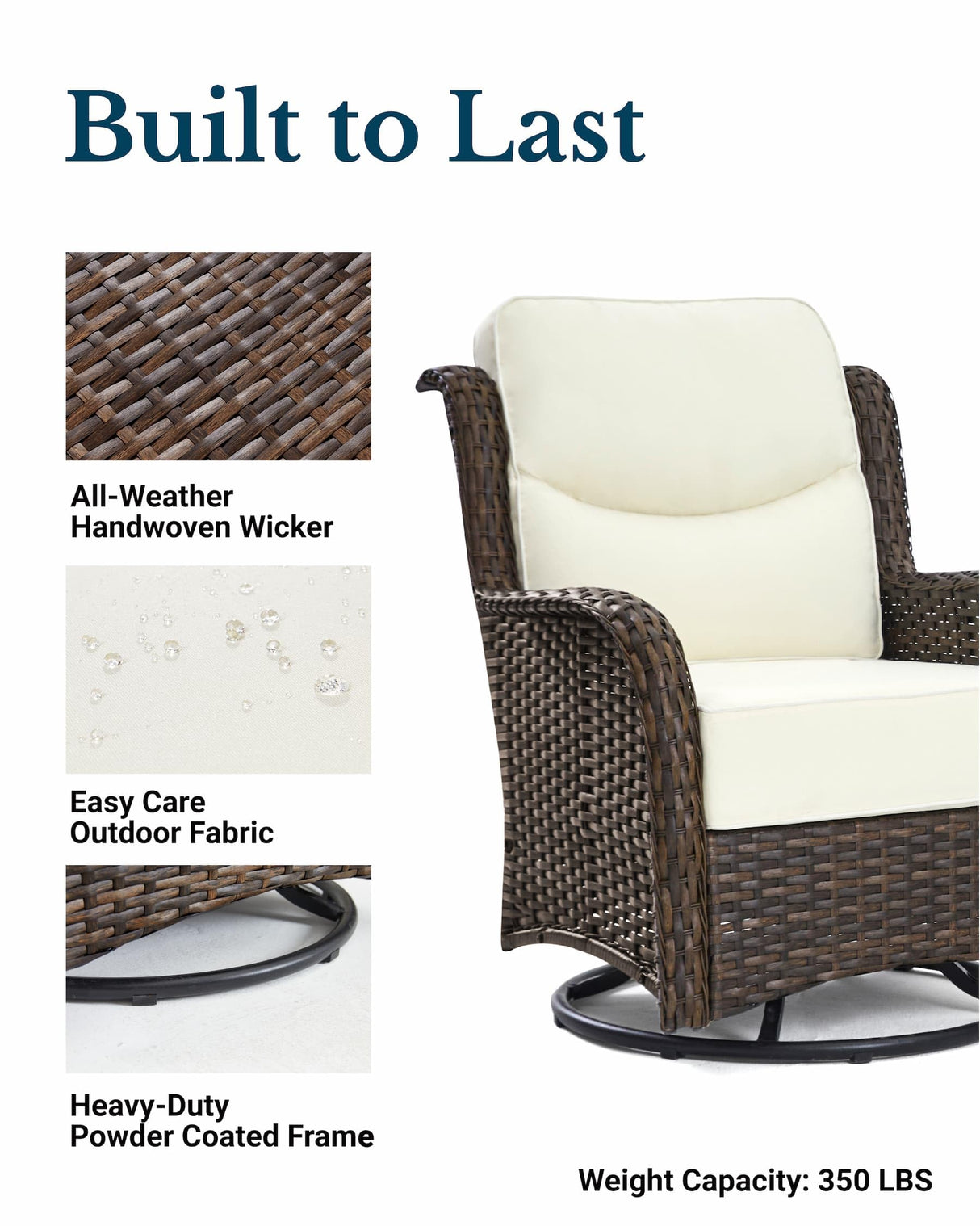 Luxury Outdoor Swivel Rocker Chairs High Back, 3 Piece Patio Rocking Chairs with Thick Cushions, Oversized Bistro Set with Small Side Table, for Porch, Outside, Pool, Deck, Yard, Garden (Rice White) HILLGA