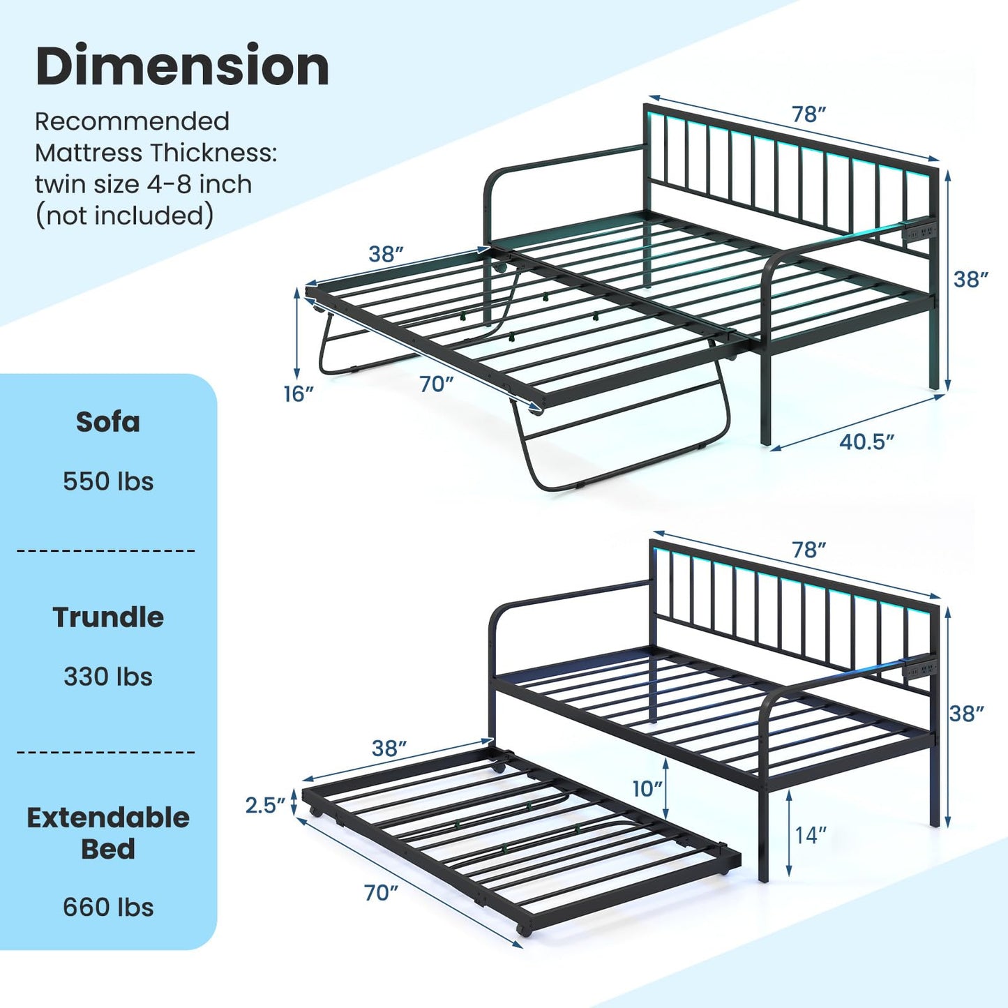 Giantex Black Twin Daybed with Pop-Up Trundle, Charging Station & LED Lights - WoodArtSupply