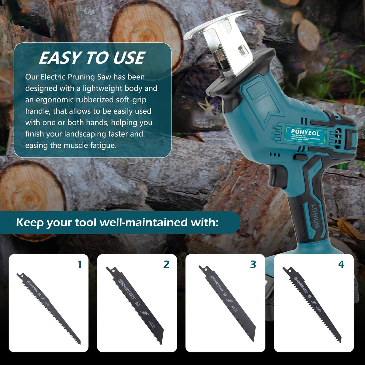 POHYEOL 24V MAX Cordless One-Handed Reciprocating Saw for Wood & Metal Cutting, Variable Speed,4 Saw Tool-Free Blade Change POHYEOL