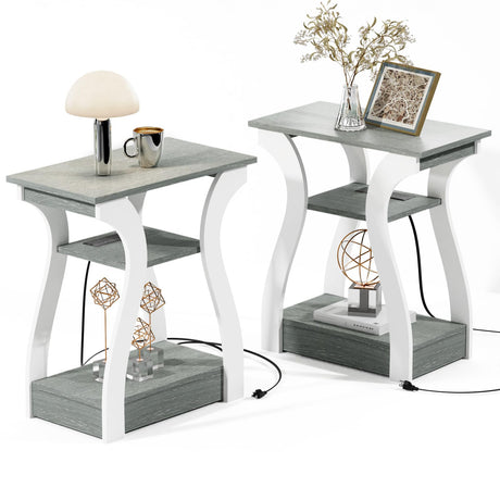 FROMJBEST End Table Set of 2 with Charging Station, Side Table with USB Ports and Outlets, Nightstand, 3 Tier End Table with Storage Shelf for Living Room, Bedroom (Grey Set of 2) FROMJBEST