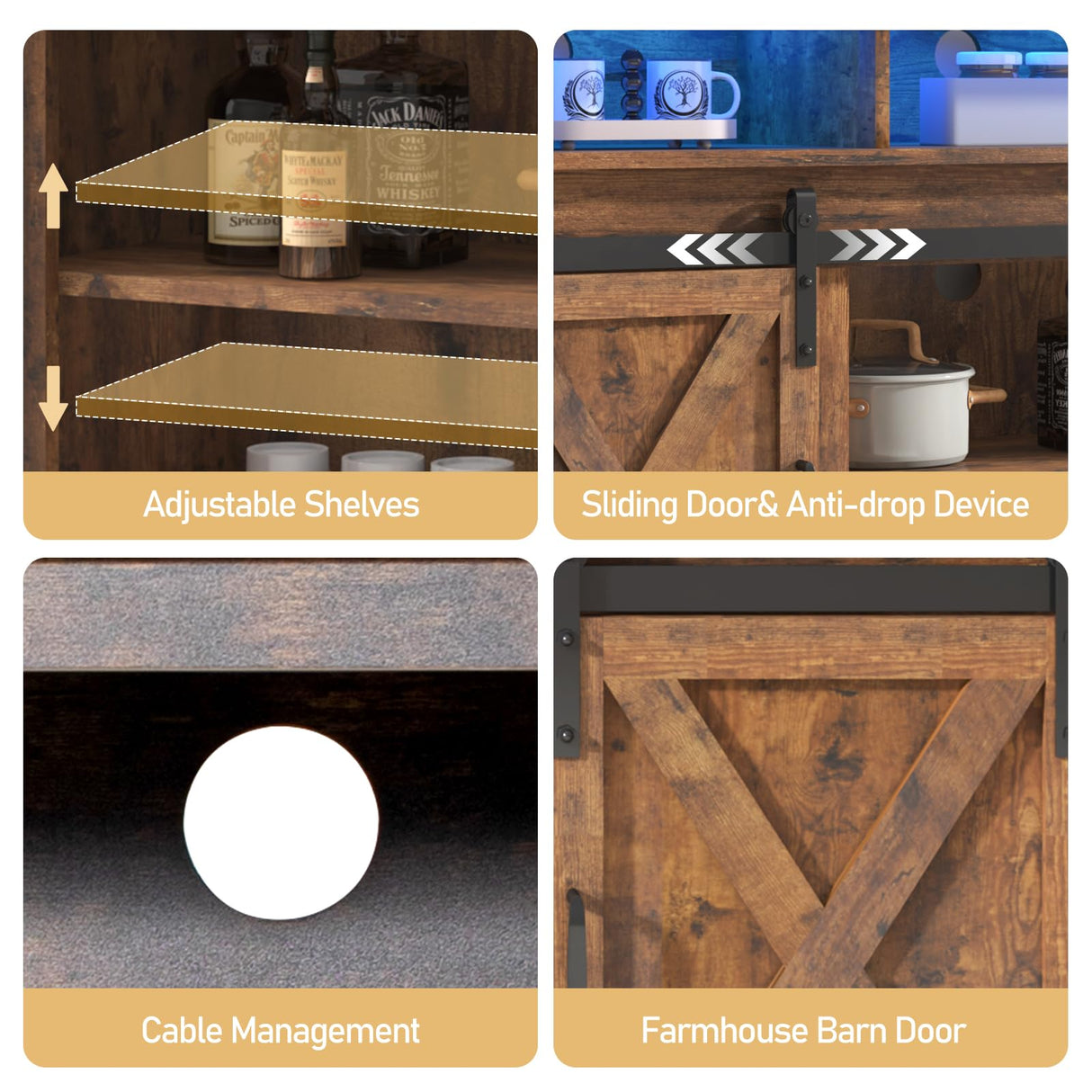 jiteentarou Farmhouse Coffee Bar Cabinet with Power Outlet, Rustic Sideboard Buffet Storage Cabinet with Storage, Wood Buffet Cabinet Serving Table Cupboard for Dining Room, Living Room, Rustic Brown jiteentarou