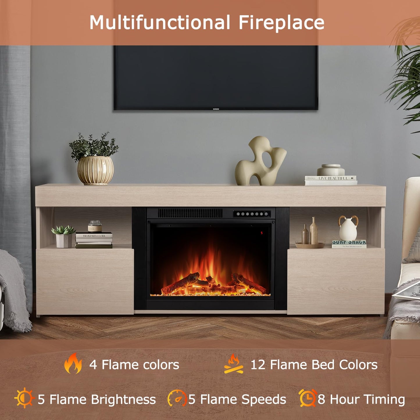 Xbeauty 60" Fireplace Tv Stand Mantel Wood Surround Firebox Freestanding Corner Fireplace Heater Infrared Quartz Heater Adjustable Led Flame, Remote Control,Lightoak