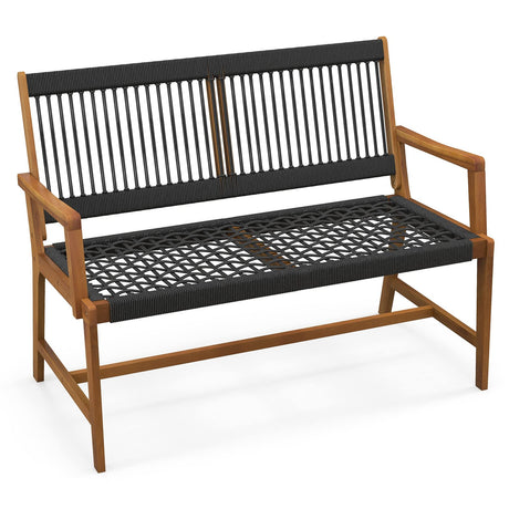 Tangkula Acacia Wood Outdoor Bench with Breathable Rope, 2-Person All-Weather Patio Seating Tangkula