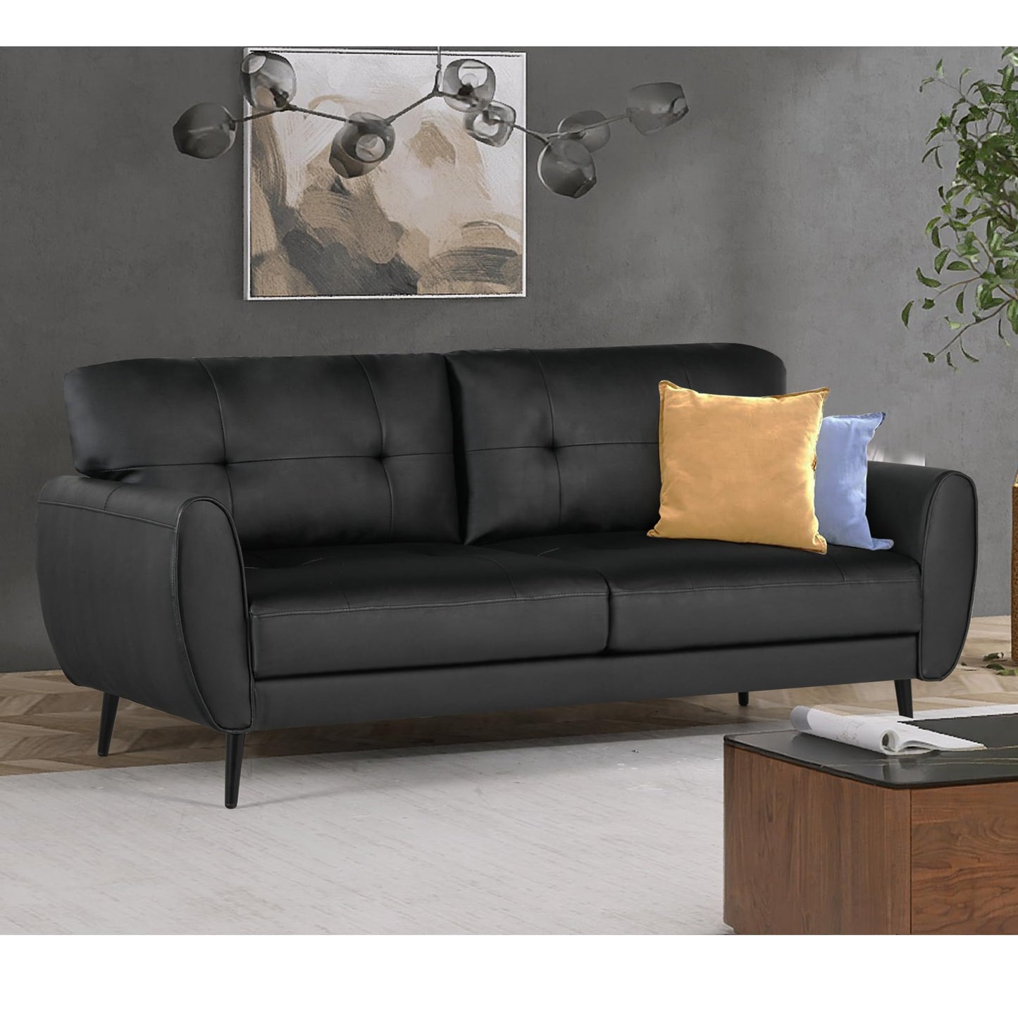 VAMEPOLE Sofa Couch, 60" Loveseat Sofa for Living Room, Mid Century Mini Black Couch, Tufted Leather Love Seat Furniture, Comfy Office Sofa 2 Seat, Small Couches for Small Spaces, Bedroom, Apartment