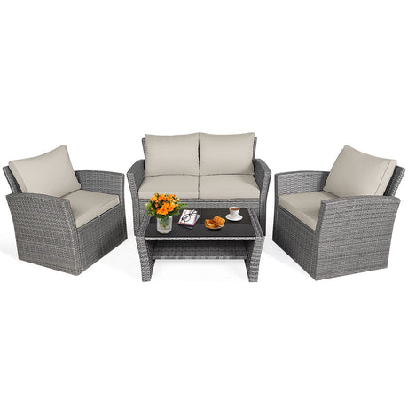 Tangkula 4 Pieces Patio Furniture Set, All Weather Outdoor Sectional Rattan Sofa Set with Cushions & Tempered Glass Table, Wicker Conversation Couch Set for Backyard Garden Poolside Tangkula