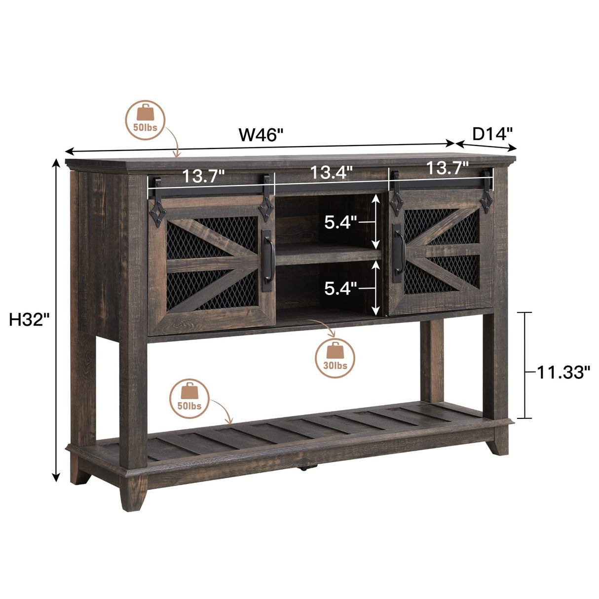 OKD Entryway Table w/Sliding Barn Doors, 46'' Farmhouse & Industrial Console Table with Storage, Sofa Table w/Adjustable Shelf & Open Shelf for Entry Way, Hallway, Living Room, Dark Rustic Oak OKD