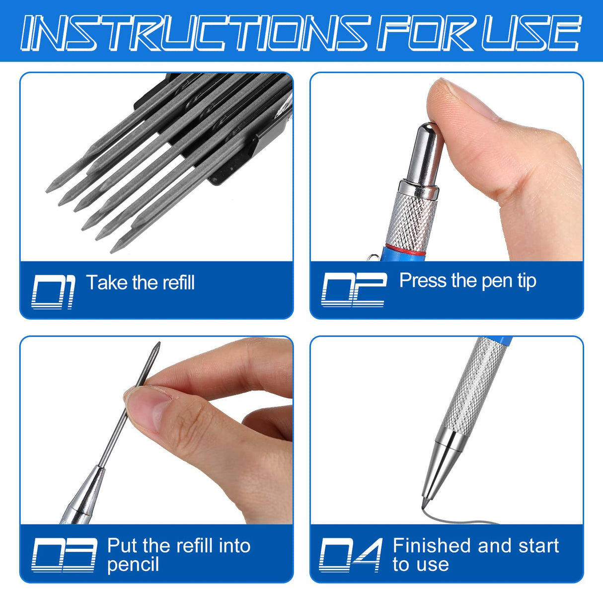 Nezyo 4 Pieces Welder Pencil with 60 Pieces Round Refills Mechanical Pencil Metal Marker Pen for Construction Workers, Metal Work, Welders, Plumbers, Framers (Black, Red, Yellow, Silver) Nezyo