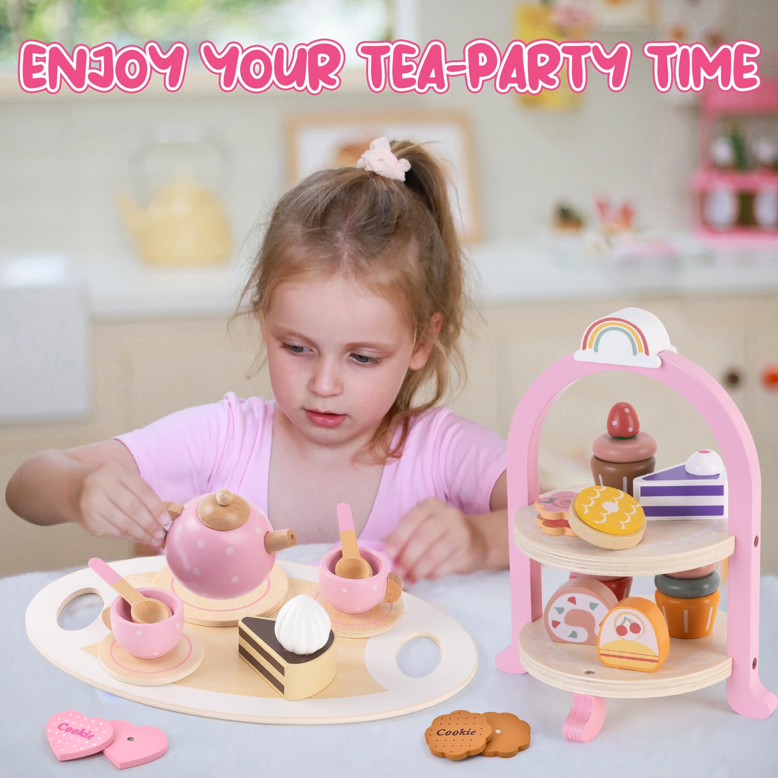 Atoylink Wooden Tea Party Set for Little Girls Toys Kids Play Kitchen Toddler Tea Set with Play Food & Cupcake Stand Pretend Play Wooden Toys for 2 3 4 5 6 Year Old Girl Christmas Birthday Gi - WoodArtSupply