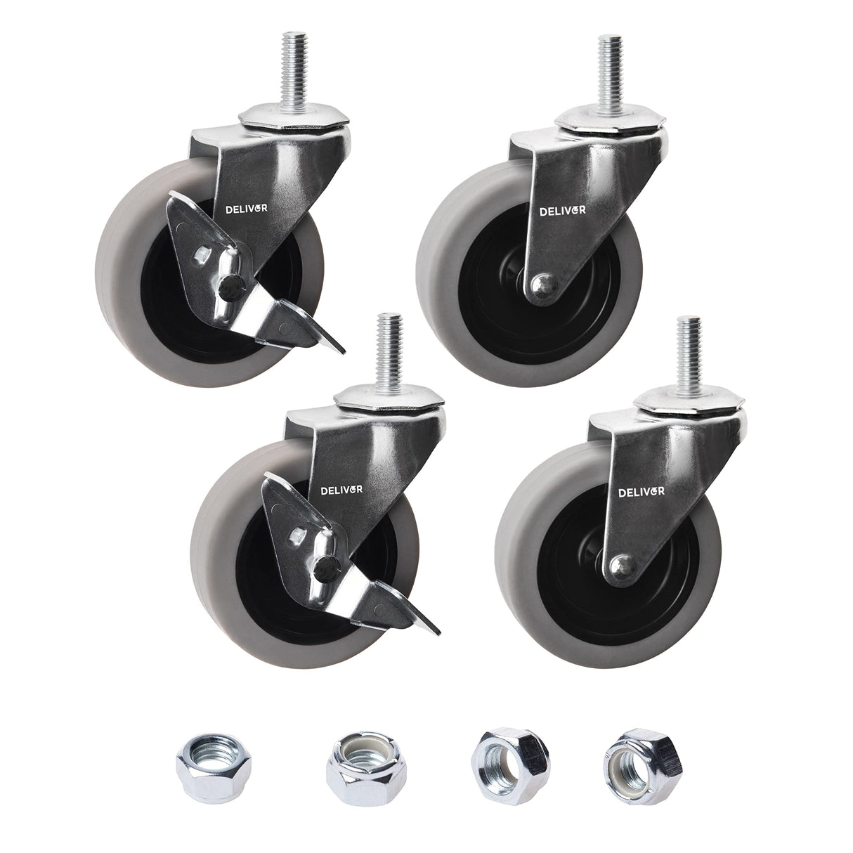 DELIVeR 3 Inch, Locking Swivel Caster Wheels, Set of 4,Heavy Duty with Nylon Nuts for Carts, Replacement Rubber Wheels, Threaded Stem 3/8”-16 x 1” Caster, 130 Lbs Per Caster DELIVeR