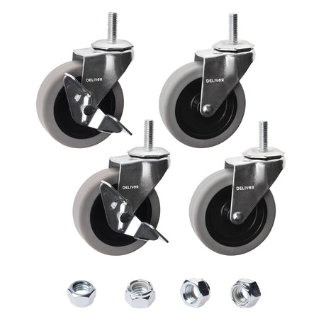 DELIVeR 3 Inch, Locking Swivel Caster Wheels, Set of 4,Heavy Duty with Nylon Nuts for Carts, Replacement Rubber Wheels, Threaded Stem 3/8”-16 x 1” Caster, 130 Lbs Per Caster DELIVeR