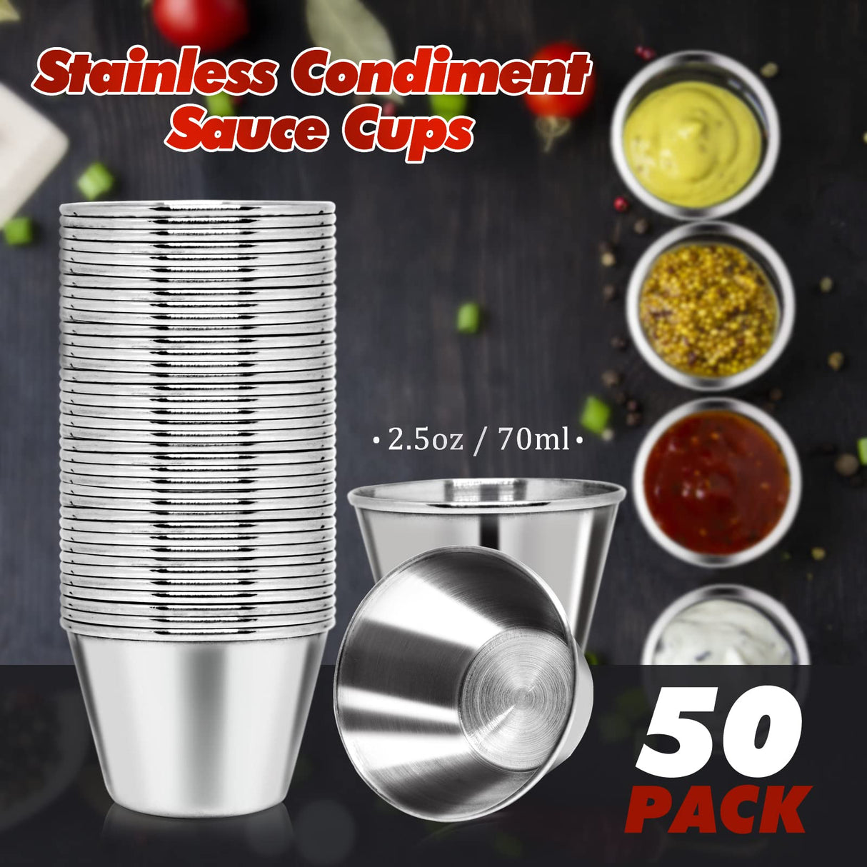 DJZZ 50 Pcs Metal Sauce Cups 2.5oz Ramekins, Stainless Steel Dipping Sauce Cups Metal Condiment Container Reusable Round Butter Dressing Sauce Cups Restaurant Small Bowls DJZZ