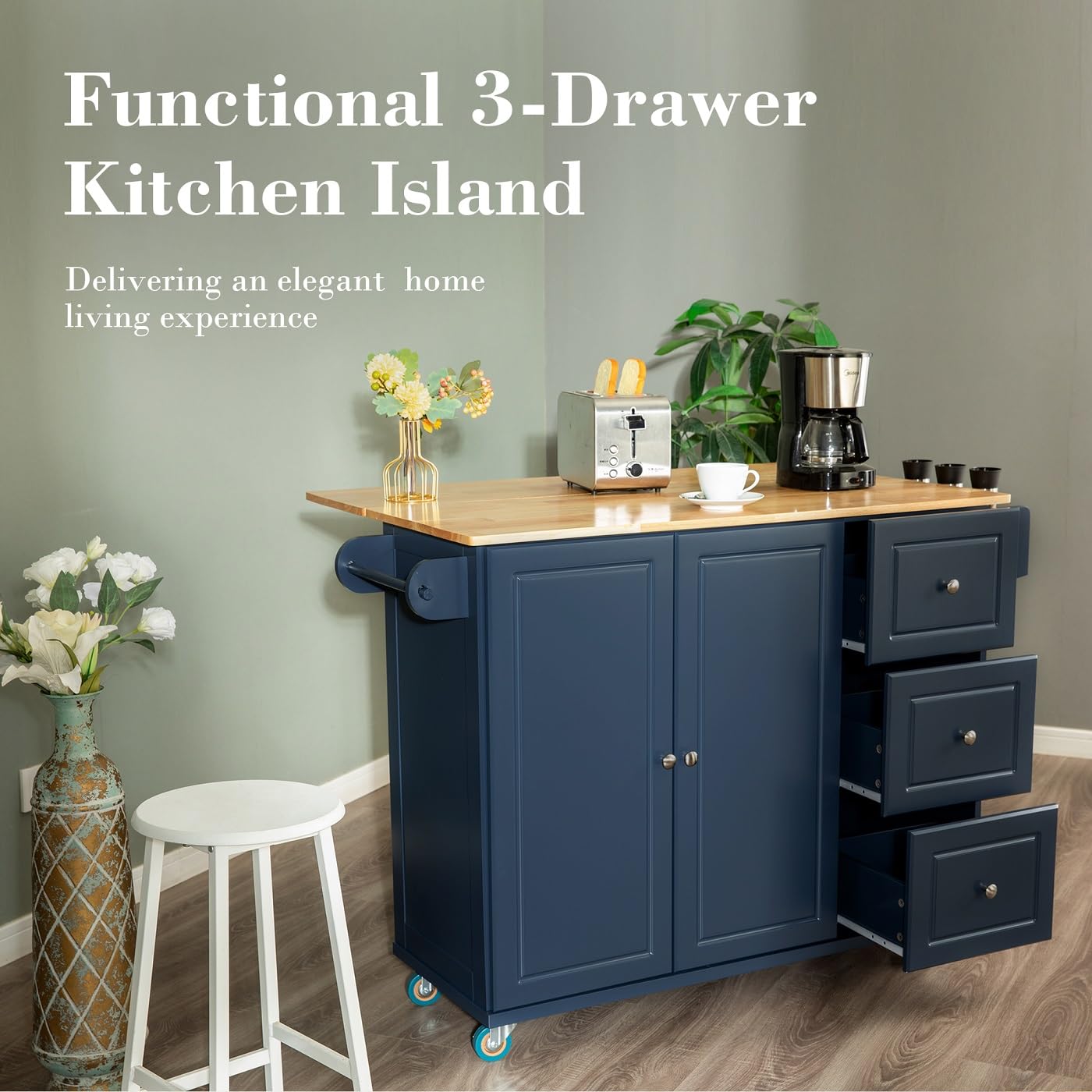 MFSTUDIO Large Rolling Kitchen Island on Wheels, Mobile Kitchen Island Cart with Drop Leaf, 3 Drawers, Wood Countertop, Portable Kitchen Island with Storage for Kitchen Dining Room, Navy Blue - WoodArtSupply