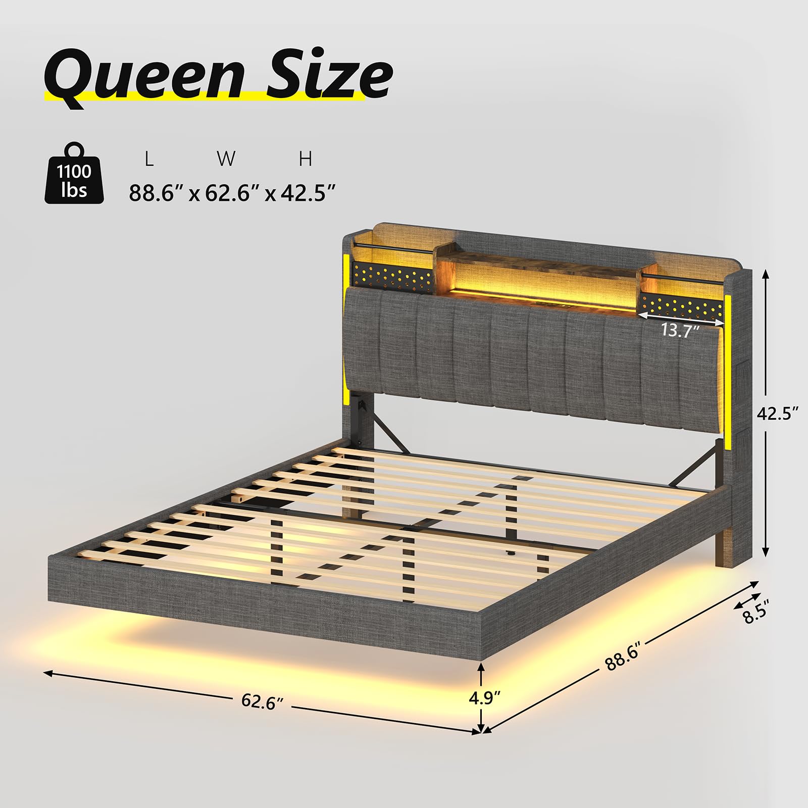 CSZZD Dark Grey Queen Floating Bed Frame with LED Headboard, Hidden Storage, and Charging Station - WoodArtSupply