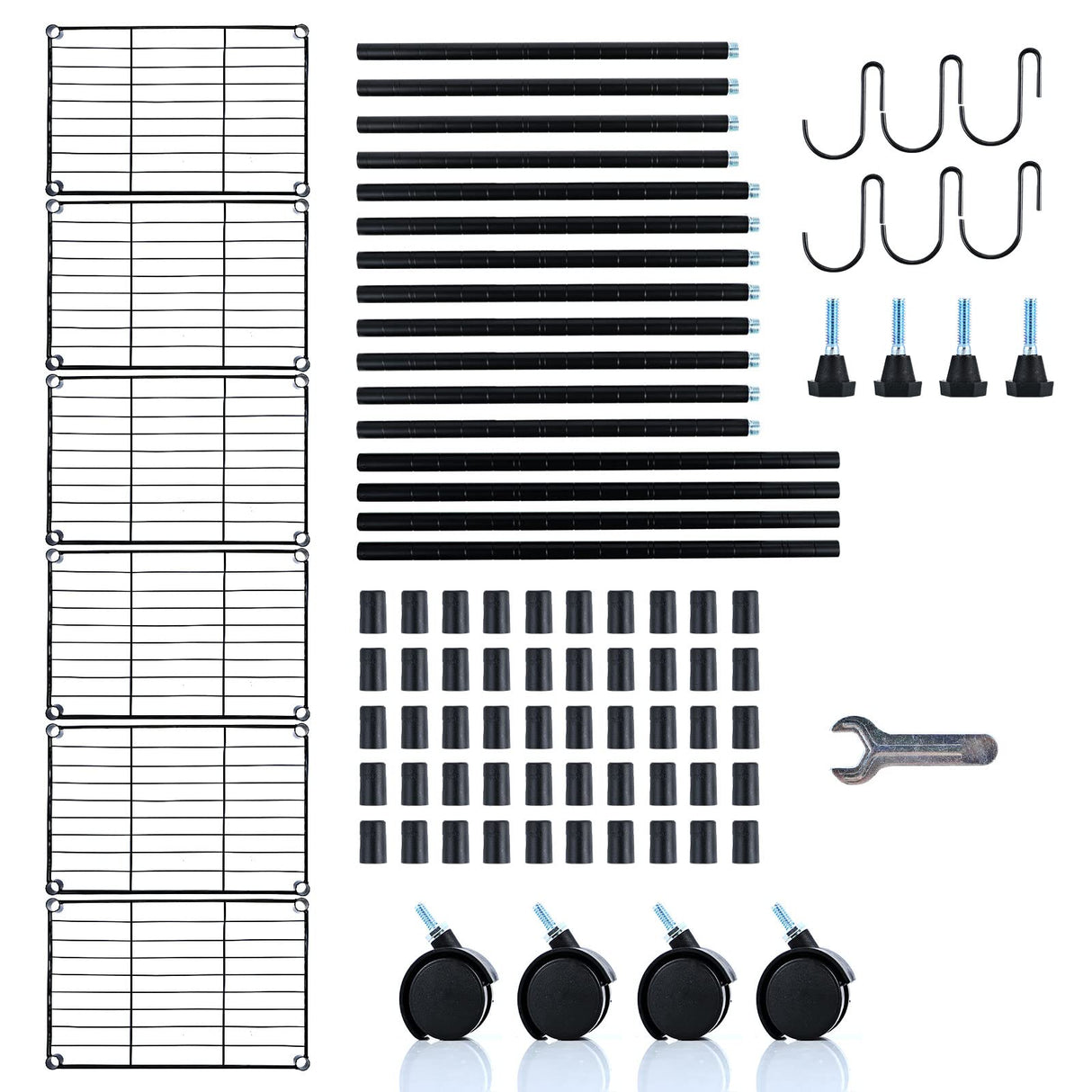 Simple Deluxe Heavy Duty 6-Shelf Shelving with Wheels, Wire Shelving with Hanging Hooks, Adjustable Storage Units, 17.32" D x 11.42" W x 64.96" H, 6 Tier, Black Simple Deluxe