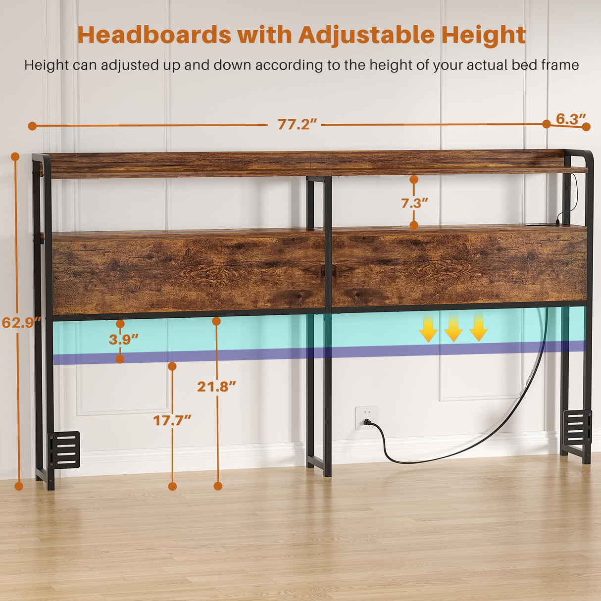 Aheaplus King Size Headboard with USB Ports, Outlets, LED Lights & Storage in Rustic Brown Aheaplus