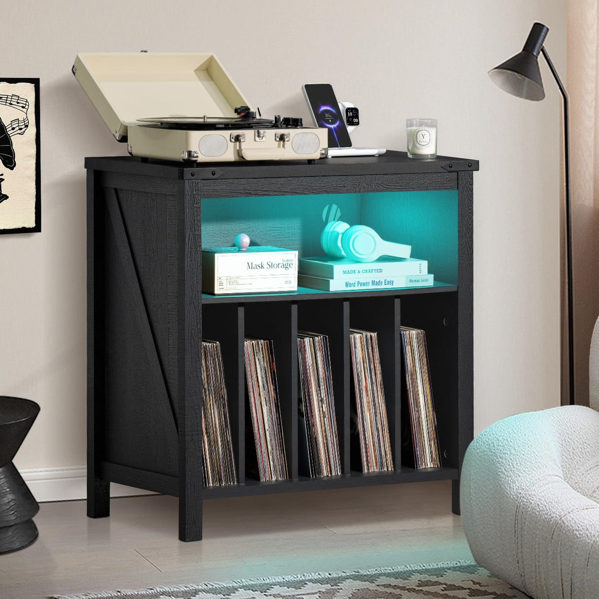 Large Record Player Stand with Charging Station & LED Lights, Black Vinyl Record Storage Holder Holds up to 230 Albums, Turntable Stand with Display Shelf for Music Room Bedroom Living Room. Joaxswe