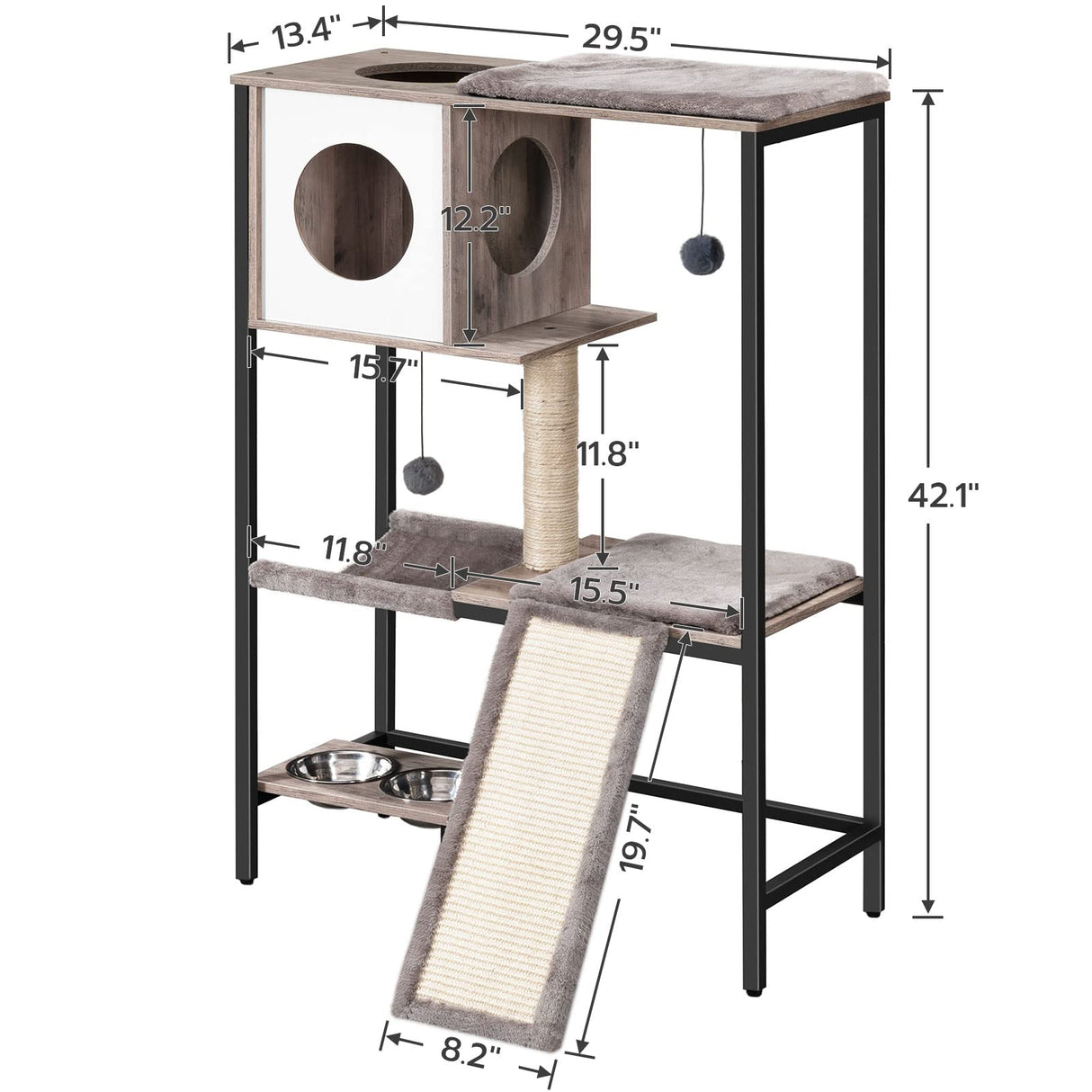 HOOBRO Wooden Cat Tree, Versatile Cat Tower with Scratching Post, Cat Hammock and Food Bowls, 4-Tier Pet House for Indoor Cats, Multi-Cat Families, Greige BG34MZ03 HOOBRO