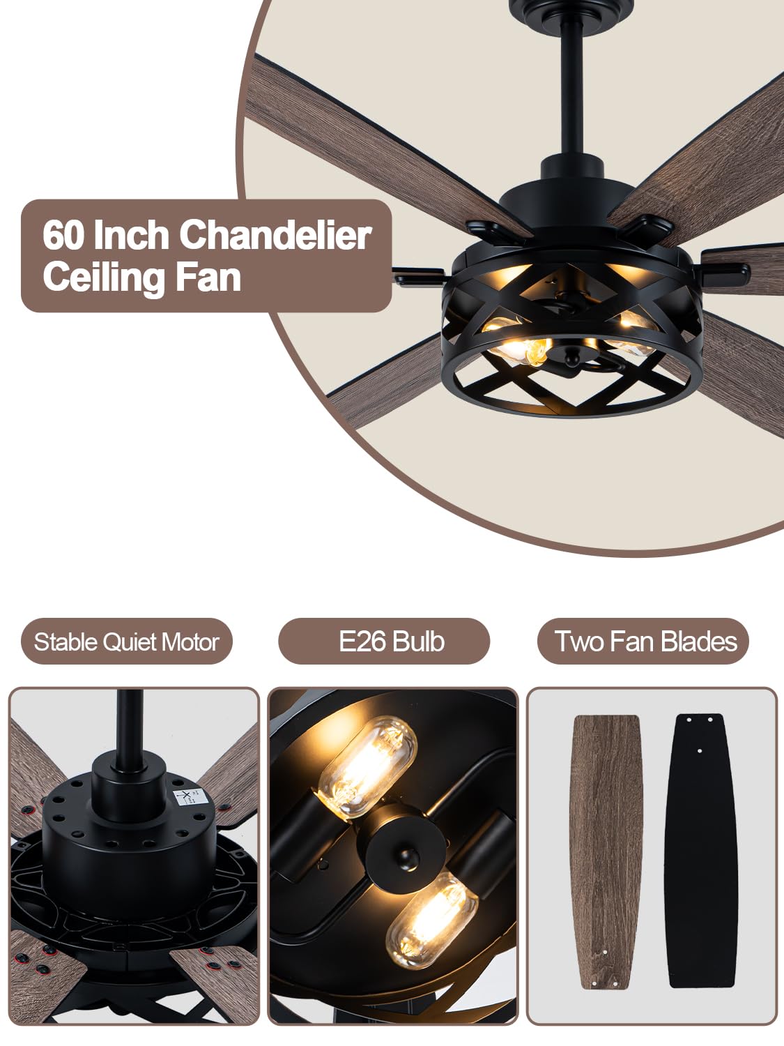 Curve Curio 60 Inch Farmhouse Ceiling Fan with Light and Remote Black Rustic Ceiling Fan Quiet and Reversible DC Motor Caged Chandelier Fan for Living Room Bedroom Curve Curio