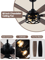 Curve Curio 60 Inch Farmhouse Ceiling Fan with Light and Remote Black Rustic Ceiling Fan Quiet and Reversible DC Motor Caged Chandelier Fan for Living Room Bedroom Curve Curio