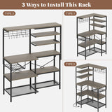 iabifo L-Shaped Bakers Rack with Power Outlet, 6-Tier Microwave Stand with Storage, Coffee Bar, Kitchen Shelf with Wire Basket, Hooks, Grey iabifo