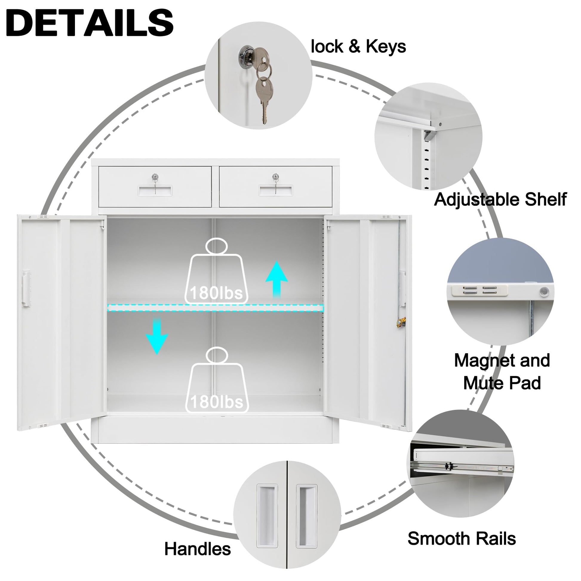 CMY Metal Storage Cabinet with Locking Doors and Adjustable Shelve, 36" H Steel Cabinet with Two Drawers, Locking Storage Cabinet for Office, Garage, Home-White - WoodArtSupply