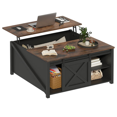 PUKAMI Lift Top Coffee Table with Storage, 31.5" Farmhouse Coffee Table for Living Room, Square Coffee Tables with Large Hidden Storage and Sliding Barn Doors, Black PUKAMI
