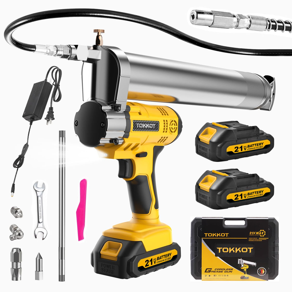 TOKKOT Electric Grease Gun–10,000 PSI Cordless Grease Gun Kit with 2 Batteries,21” Flexible Hose, Variable Speed Trigger & LED Light–Compatible with Ma-Kita 18V/21V Batteries TOKKOT