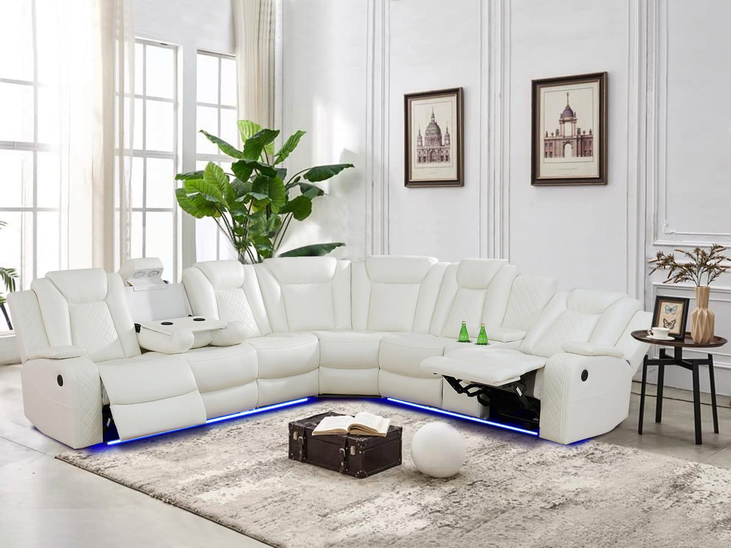 Dekmxas Living Room Set Set Creamy White Leather Sofa Living Room Furniture Power Recliner Adjustable Sofa,Loveseat and Chair with Cup Holders/Storage Console/LED Light/UPS Port for Home, Off - WoodArtSupply