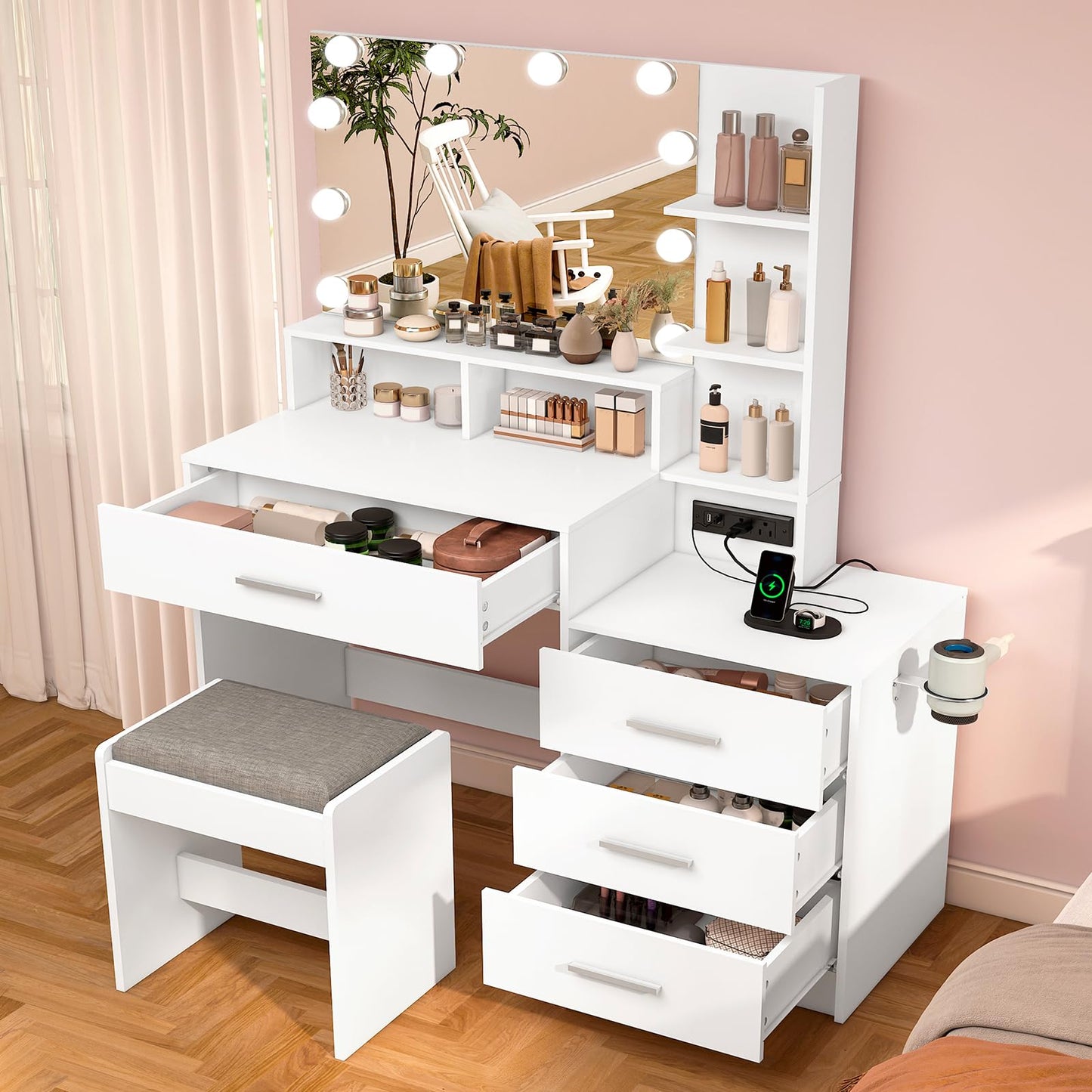 usikey Large Vanity Table Set with Lighted Mirror & Charging Station, Makeup Vanity Dressing Table with 4 Storage Shelves and 4 Drawers, Vanity Desk with 3-Drawer Chest and Cushioned Stool, White