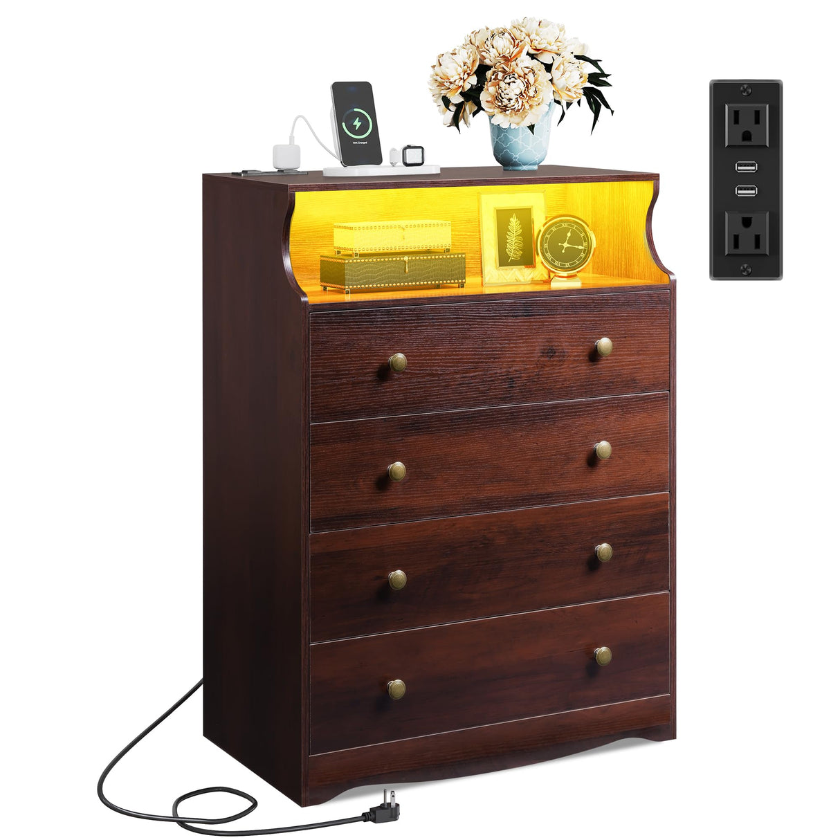WLIVE LED Dresser for Bedroom, Tall Wood Dresser with 4 Drawers and Open Shelf, Chest of Drawers with Charging Station and LED Lights for Living Room, Hallway, Closet, Rustic Brown WLIVE