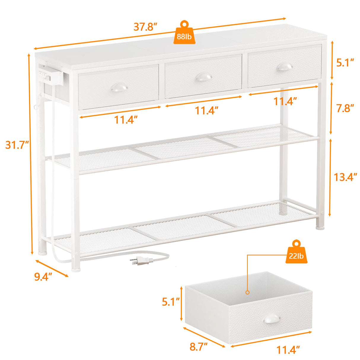 Furologee White Console Table with Charging Station & 3 Fabric Drawers, 38'' Entryway Table with Storage Shelves and LED Light, Industrial Foyer Table for Entry Way, Display Shelf for Hallway Furologee